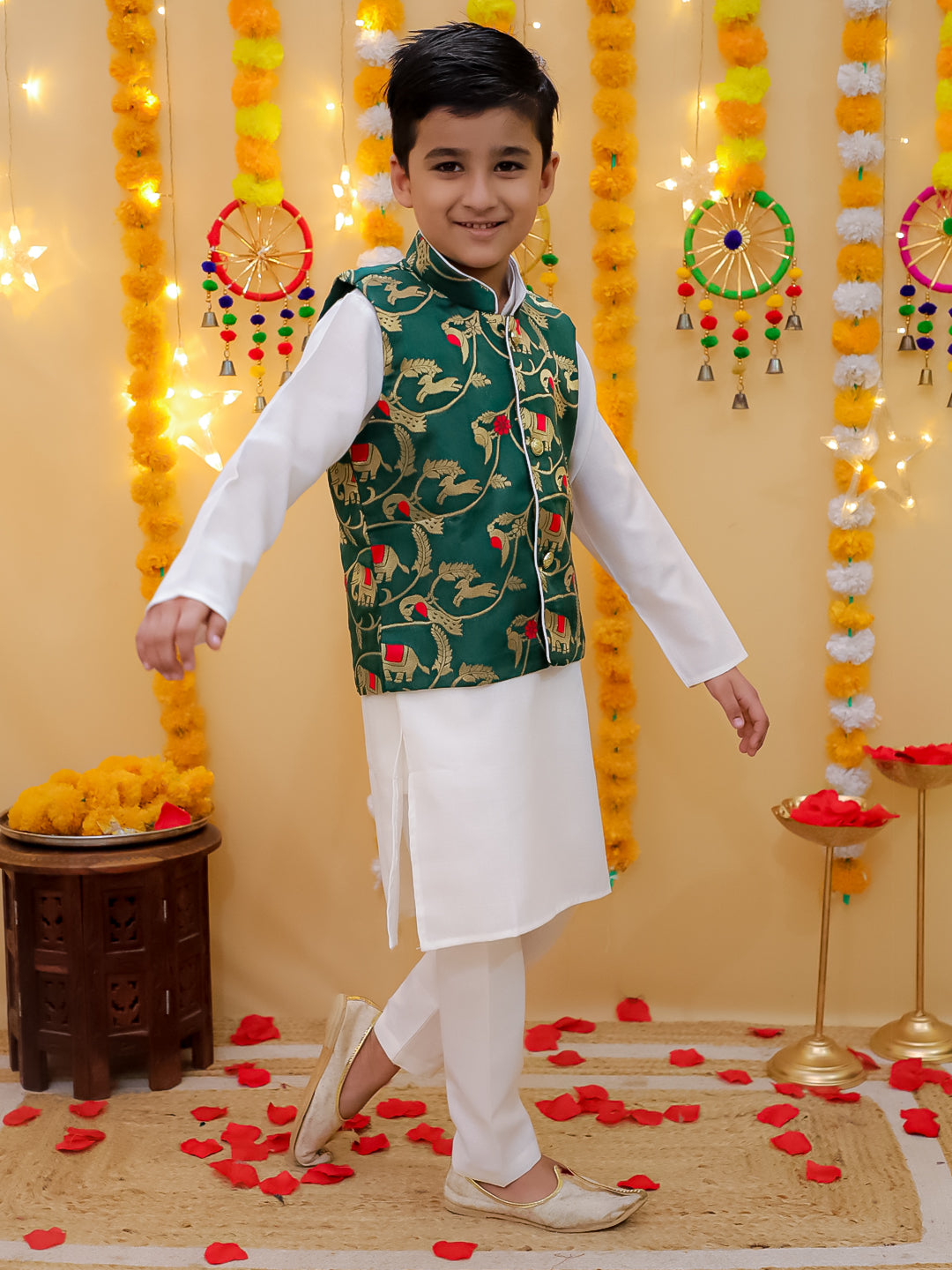 BownBee Pure Cotton Kurta Pajama with Jacquard Jacket Set for Boys - Green