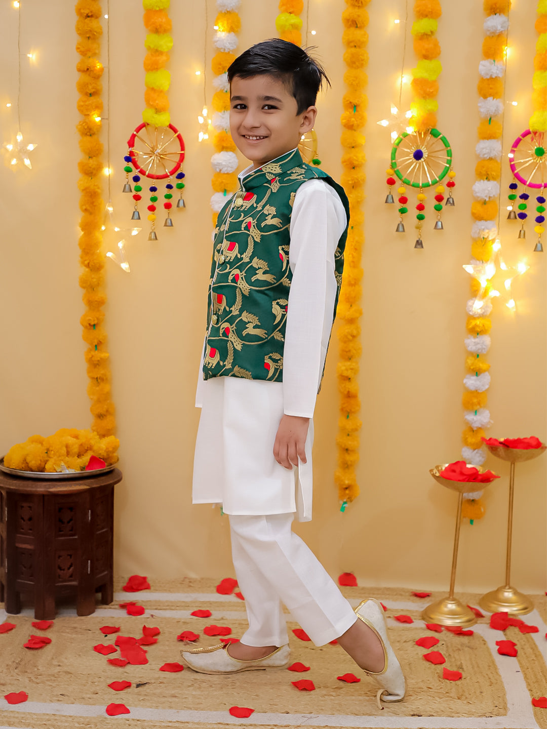 BownBee Pure Cotton Kurta Pajama with Jacquard Jacket Set for Boys - Green