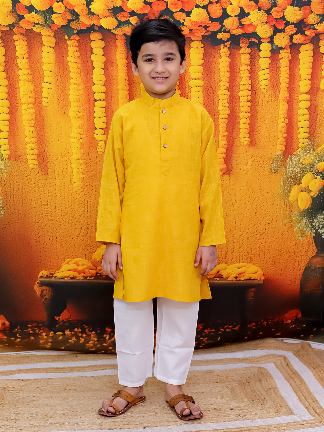 BownBee Pure Cotton Printed Jacket Kurta Pajama Set for Boys - Yellow