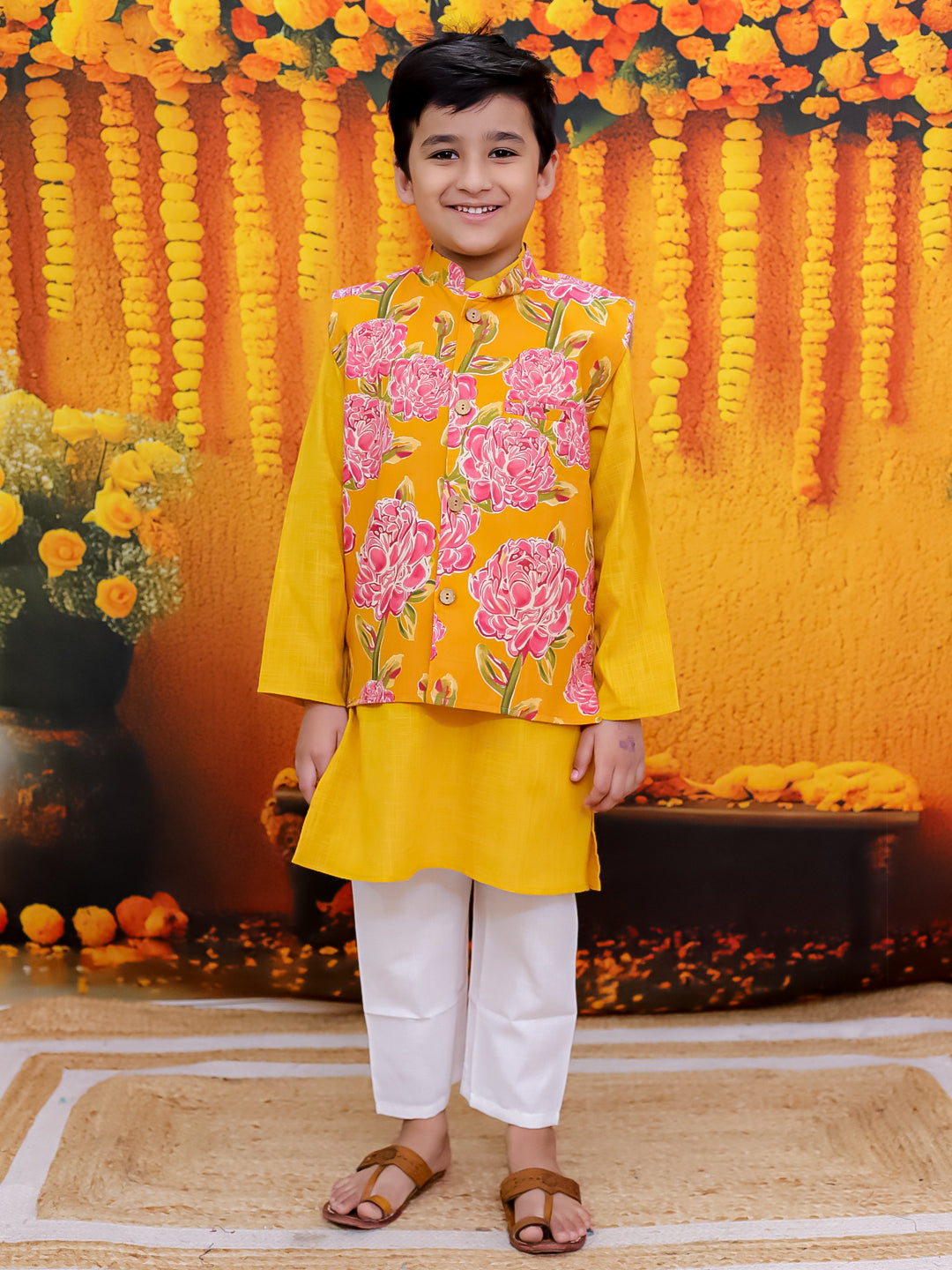 BownBee Pure Cotton Kurta Pajama Printed Jacket Set for Boys with Printed Kurta Sharara Dupatta Set for Girls- Yellow