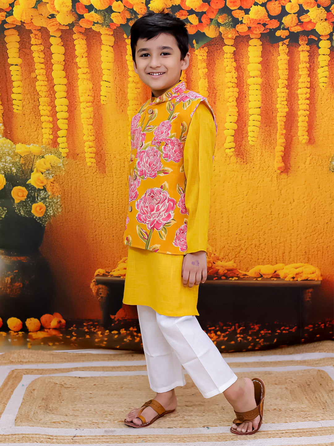 BownBee Pure Cotton Printed Jacket Kurta Pajama Set for Boys - Yellow