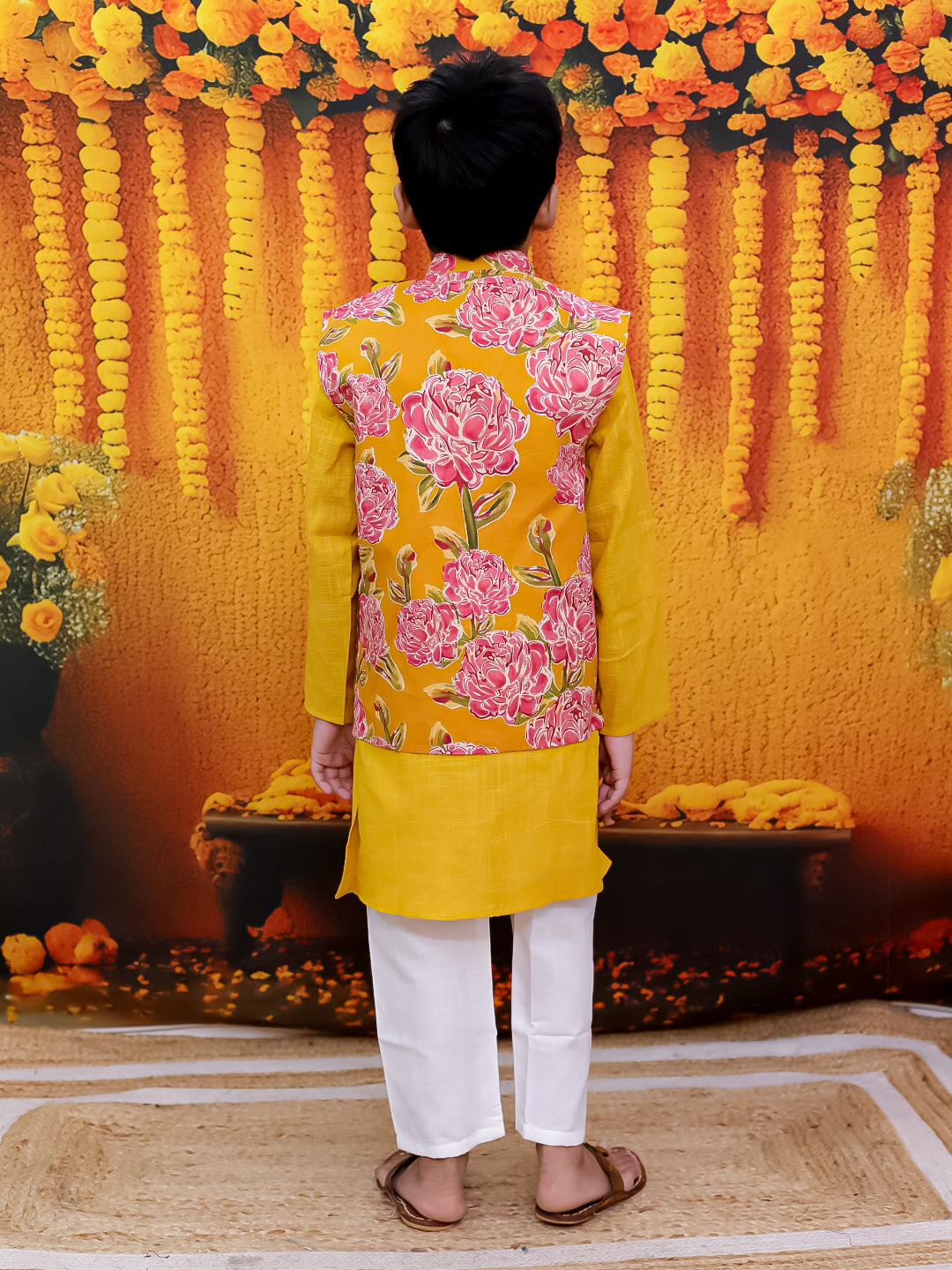 BownBee Pure Cotton Kurta Pajama Printed Jacket Set for Boys with Printed Kurta Sharara Dupatta Set for Girls- Yellow