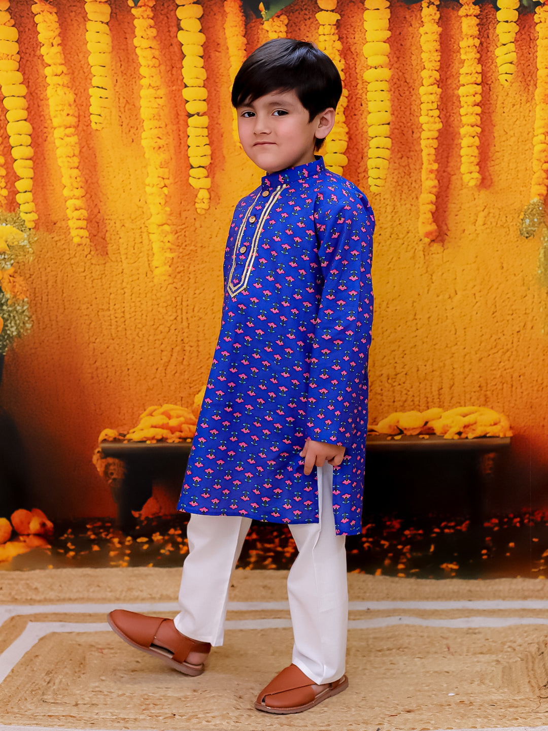 Bownbee Full Sleeve Pure Cotton Straight Kurta Pajama For Boys - Blue