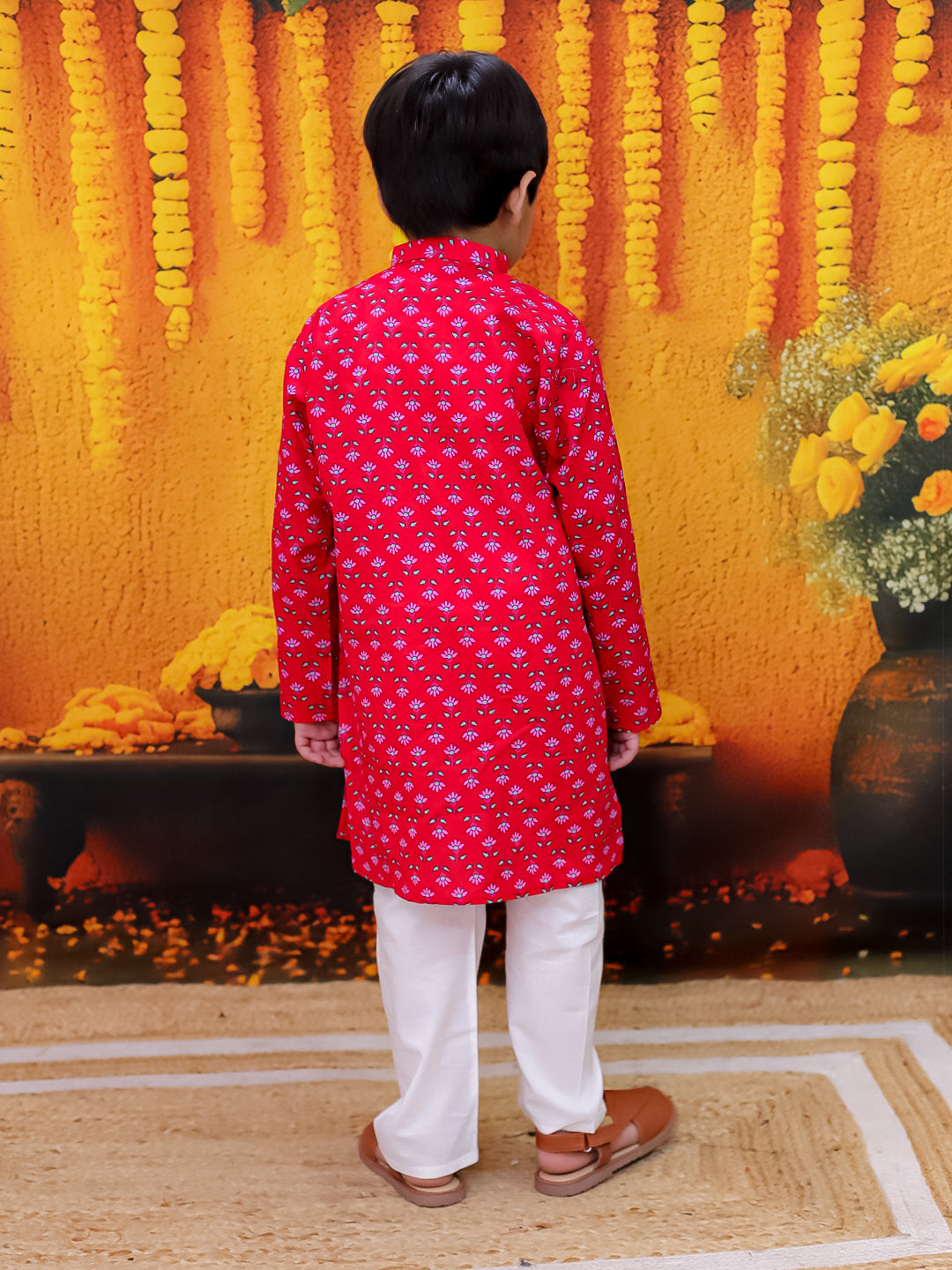 BownBee Pure Cotton Printed Kurta Pajama Set for Boys with Tier Anarkali Kurta Dhoti Dupatta Set for Girls - Red