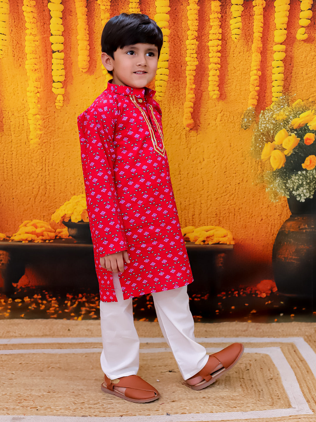 BownBee Pure Cotton Printed Kurta Pajama Set for Boys with Tier Anarkali Kurta Dhoti Dupatta Set for Girls - Red