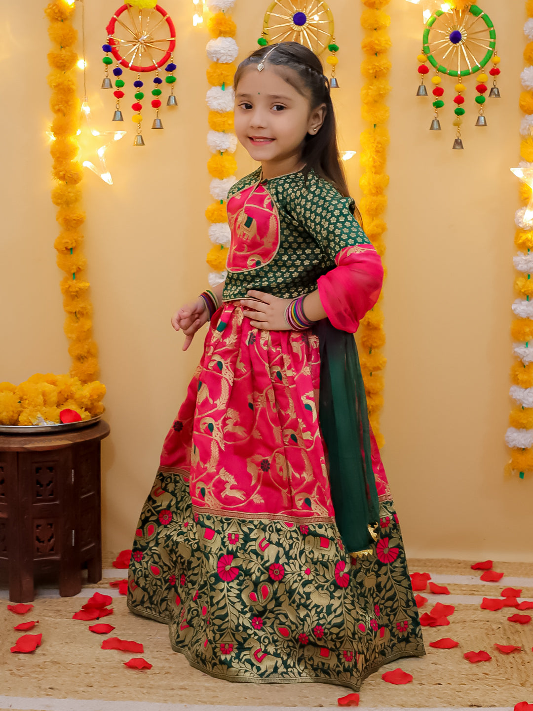 BownBee Jacquard Lehenga with Patch Choli and Dupatta Set for Girls- Green