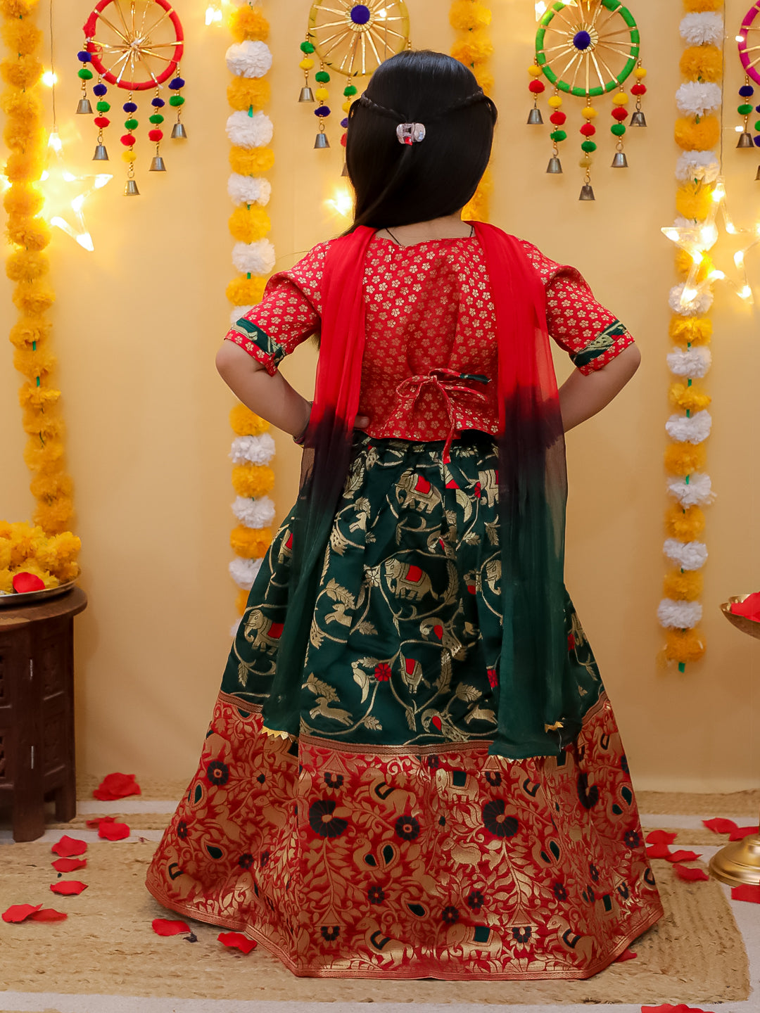 BownBee Jacquard Lehenga with Patch Choli and Dupatta Set for Girls- Red