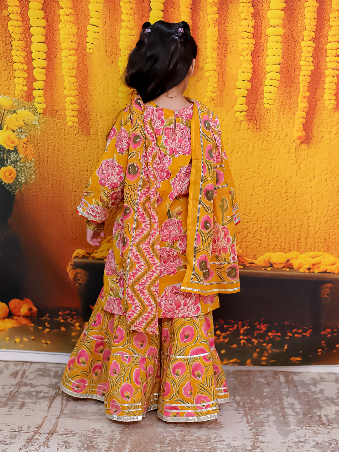 BownBee Pure Cotton Printed Kurta Sharara with Dupatta for Girls- Yellow