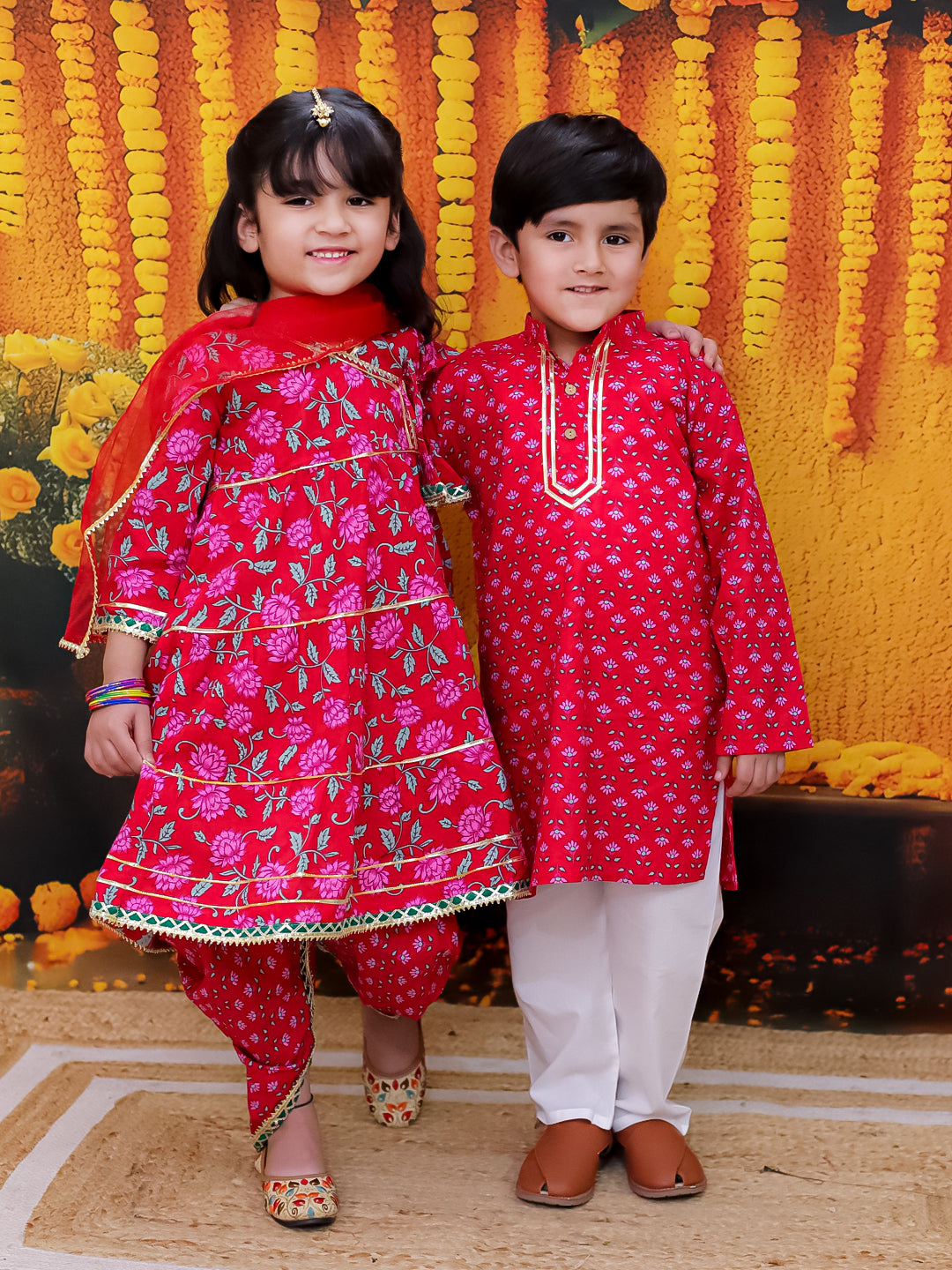 BownBee Pure Cotton Printed Kurta Pajama Set for Boys with Tier Anarkali Kurta Dhoti Dupatta Set for Girls - Red