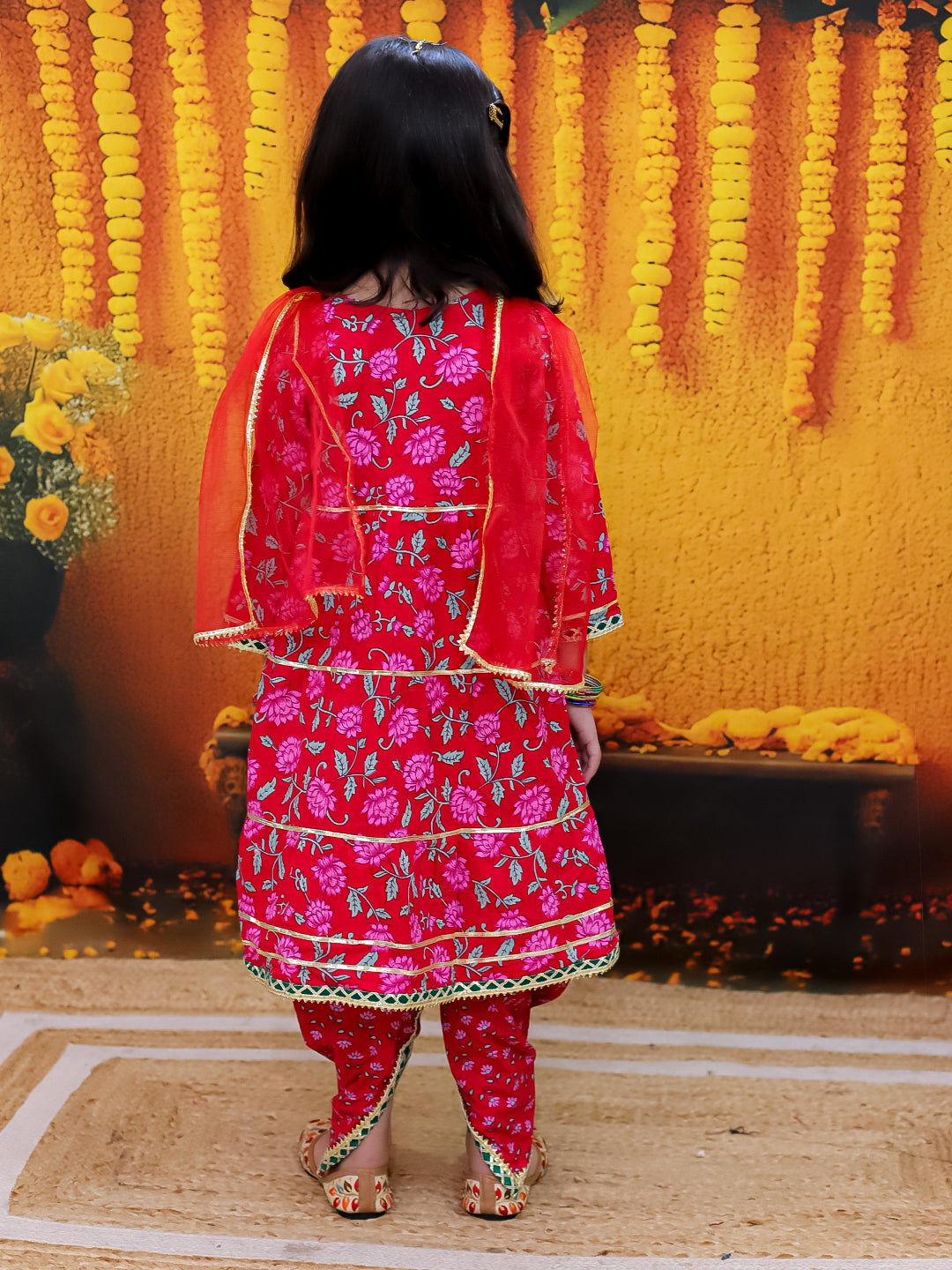 BownBee 3/4th Sleeve Pure Cotton Printed Suit Set with Dupatta For Girls  - Red