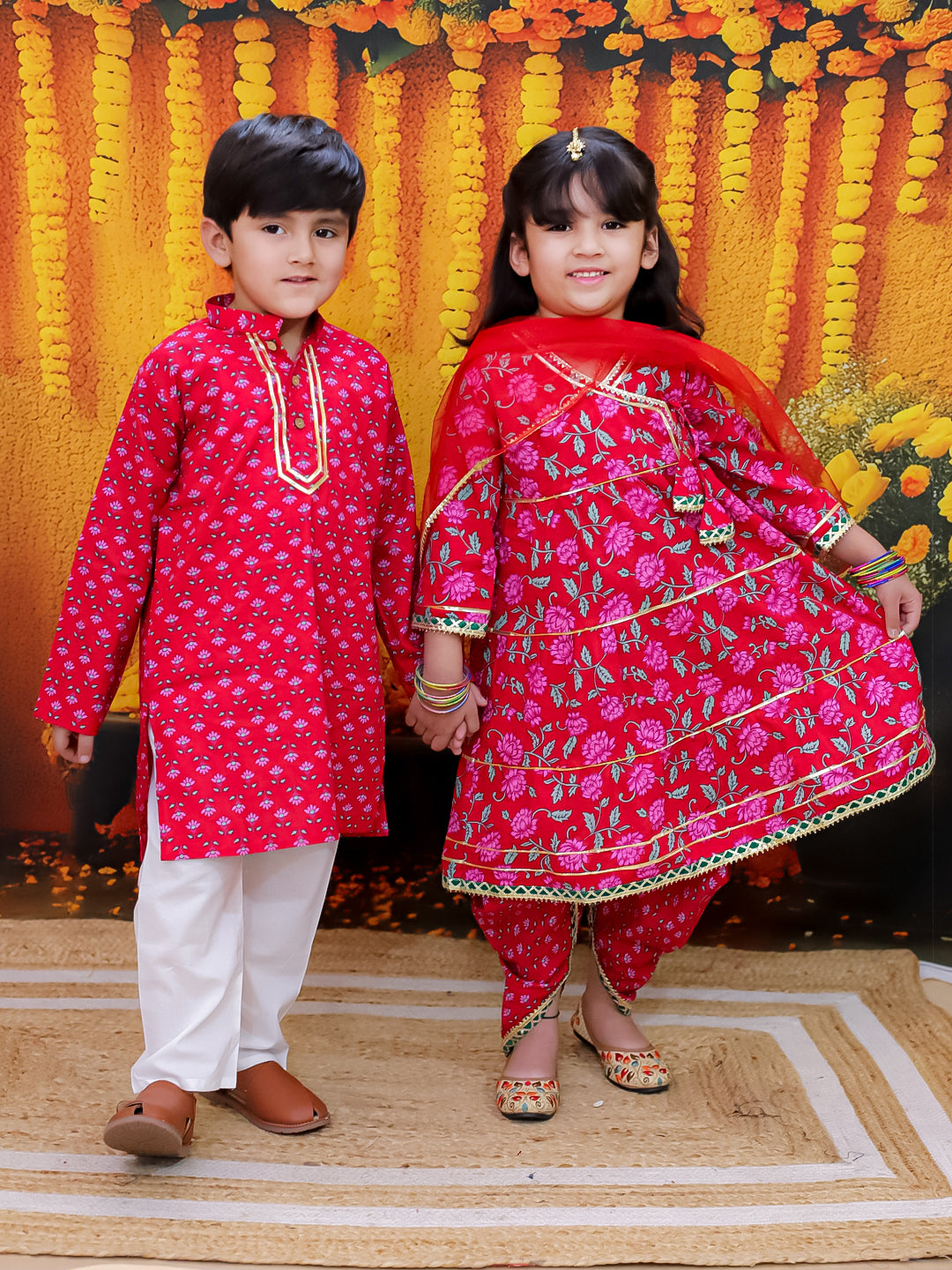 BownBee Pure Cotton Printed Kurta Pajama Set for Boys with Tier Anarkali Kurta Dhoti Dupatta Set for Girls - Red