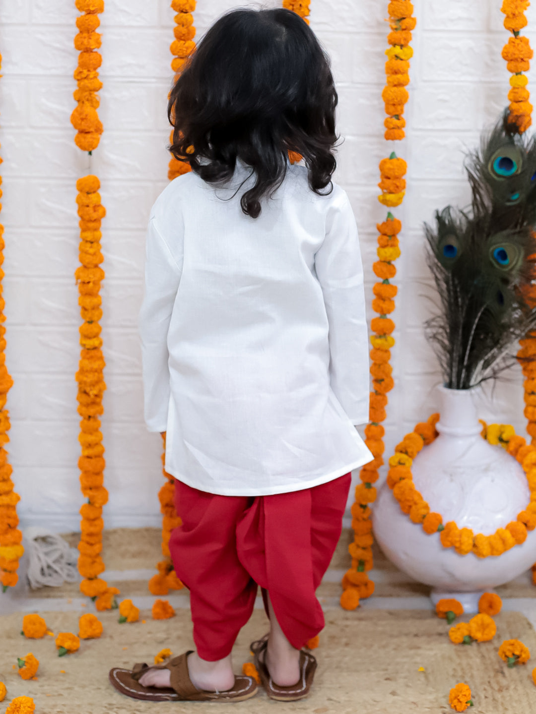 BownBee Ganesh Embroidery Cotton Dhoti Kurta for Boys- White