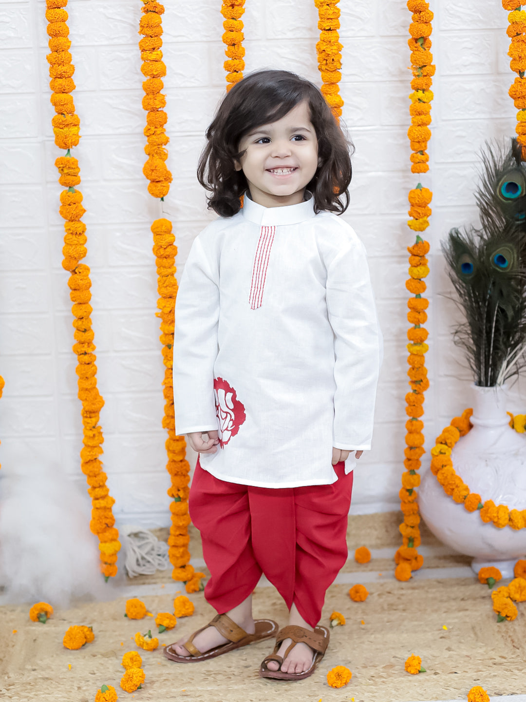 BownBee Ganesh Embroidery Cotton Dhoti Kurta for Boys- White