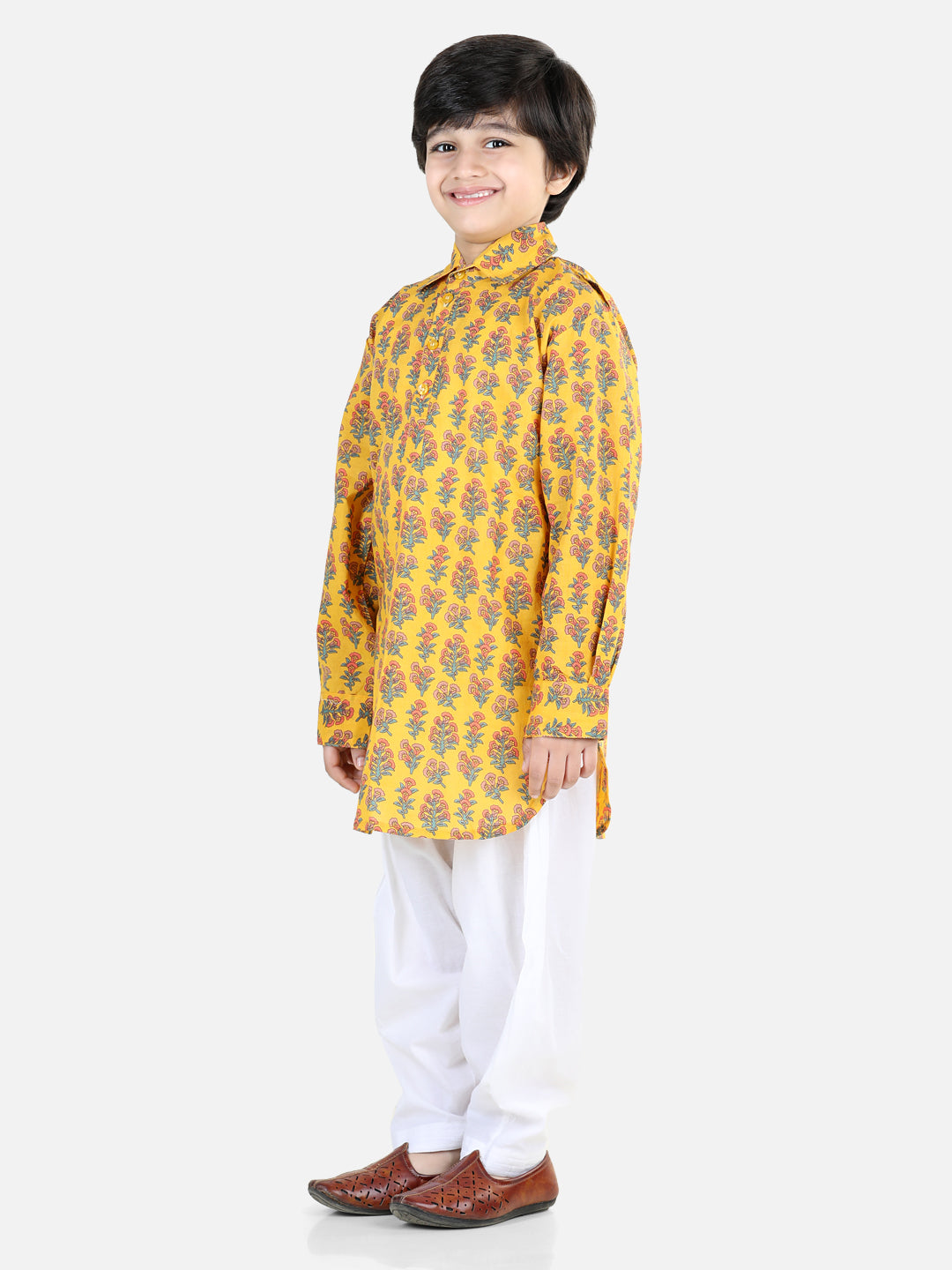 BownBee Sibling Set Printed Cotton Full Sleeve Pathani Salwar Set for Boys- Yellow with Cotton Kurti with Pant Set for Girls- Yellow