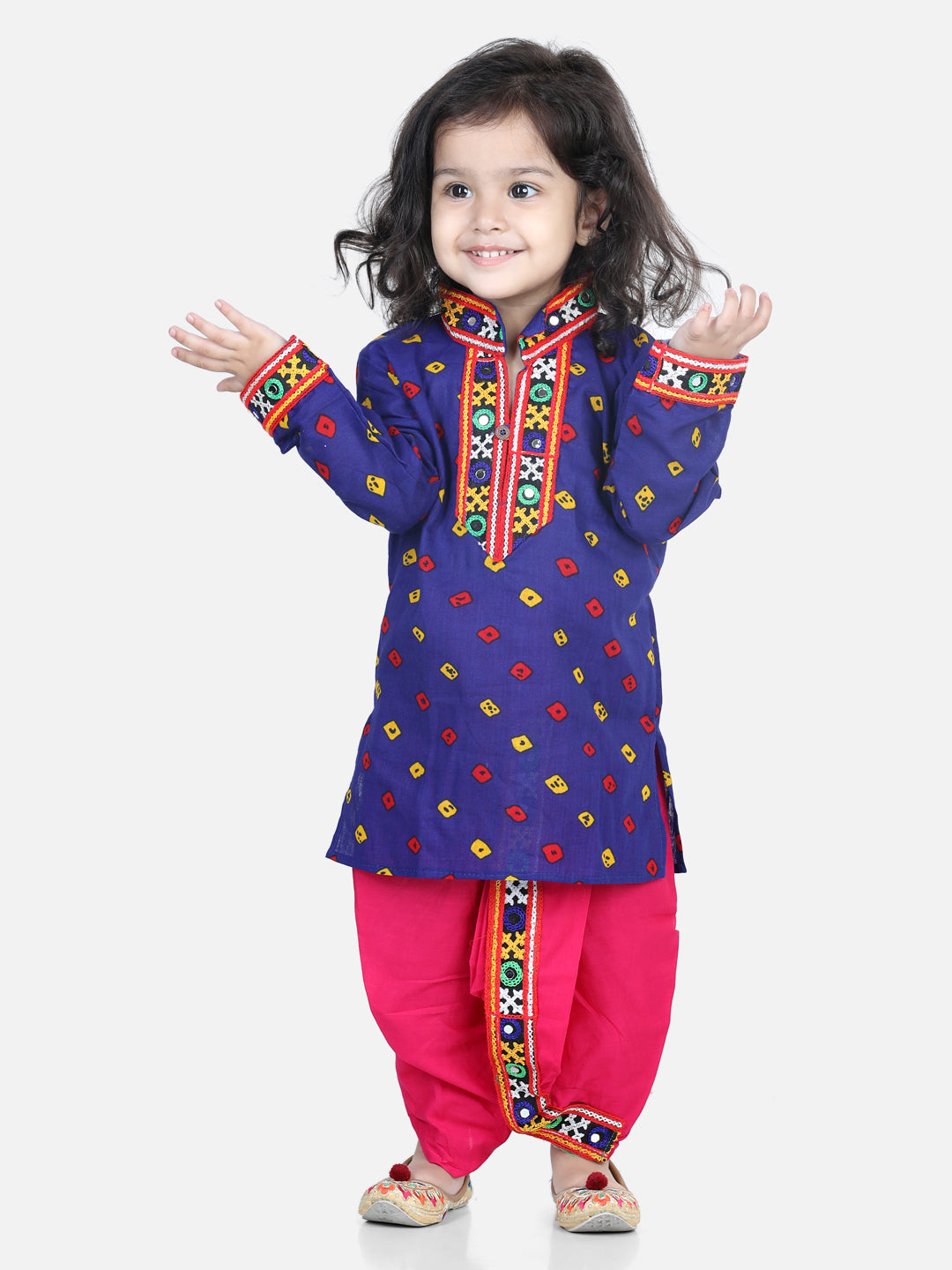 BownBee Blue Bandhani Cotton Dhoti Kurta Set and Choli with Dhoti for Kids - Sibling Set