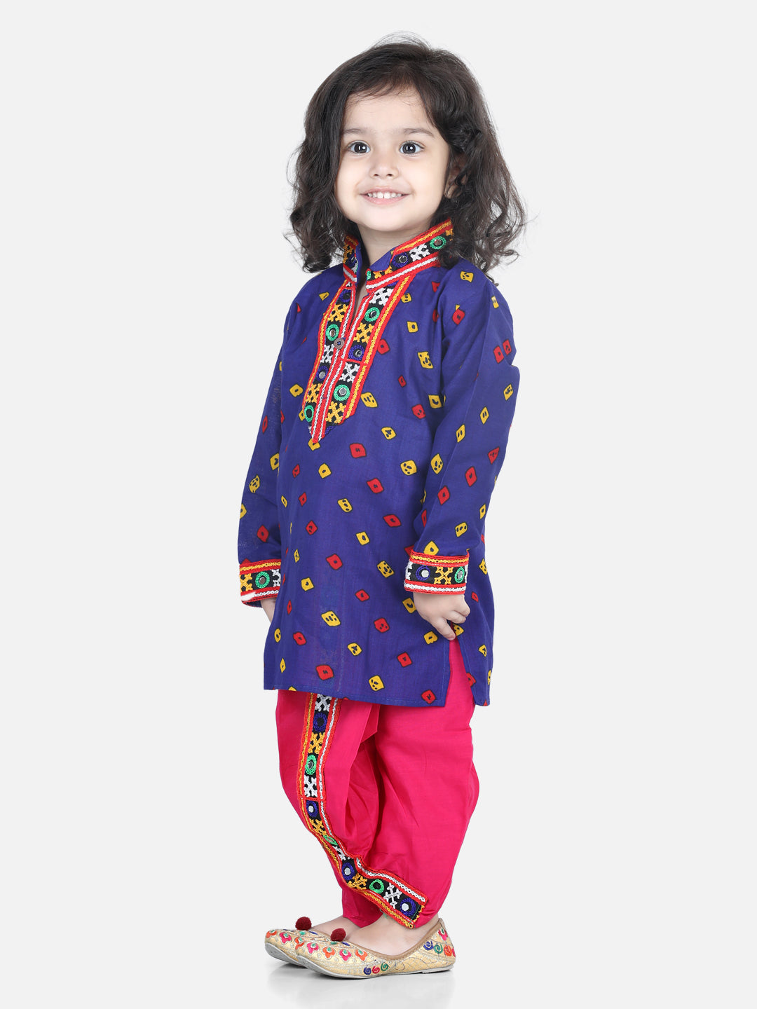 BownBee Blue Bandhani Cotton Dhoti Kurta Set and Choli with Dhoti for Kids - Sibling Set