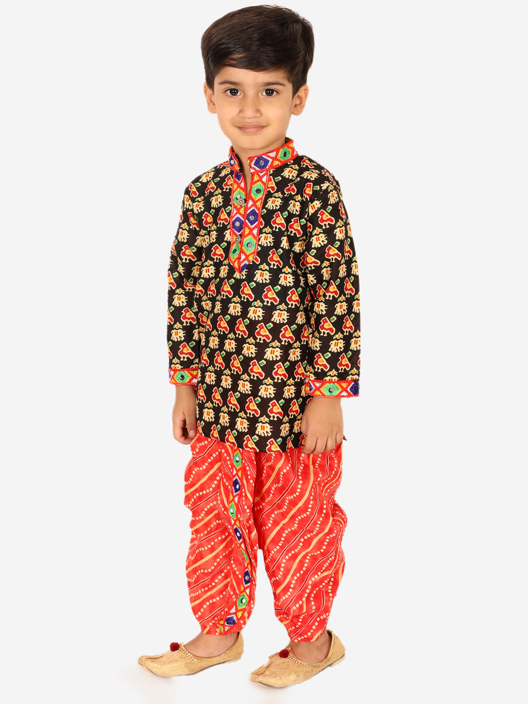 BownBee Printed Cotton Kurta with Dhoti for Boys and Halter Neck Printed Cotton Choli With Dhoti for Girls-Black