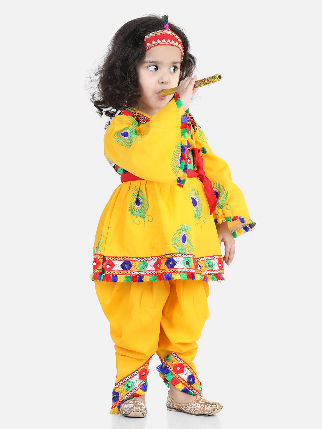 BownBee Embroidered Krishna Kanhaiya Dhoti Kurta and Radha Indo western Top Dhoti with Mukut Bansuri Belt -Yellow