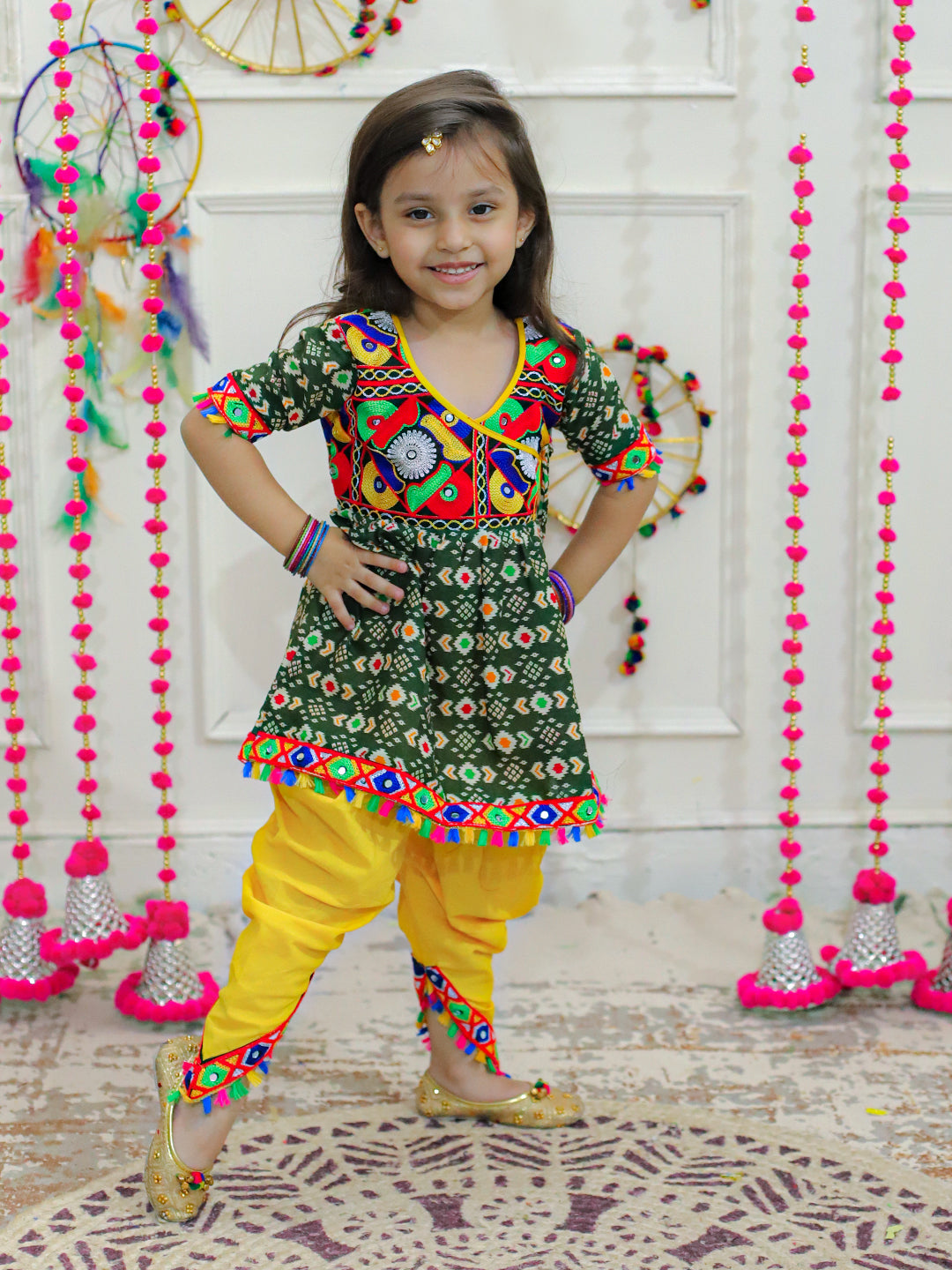 BownBee Kids Girls Navratri Dandiya  Garba  Embroidered Printed Cotton Top with Cotton Dhoti- Green