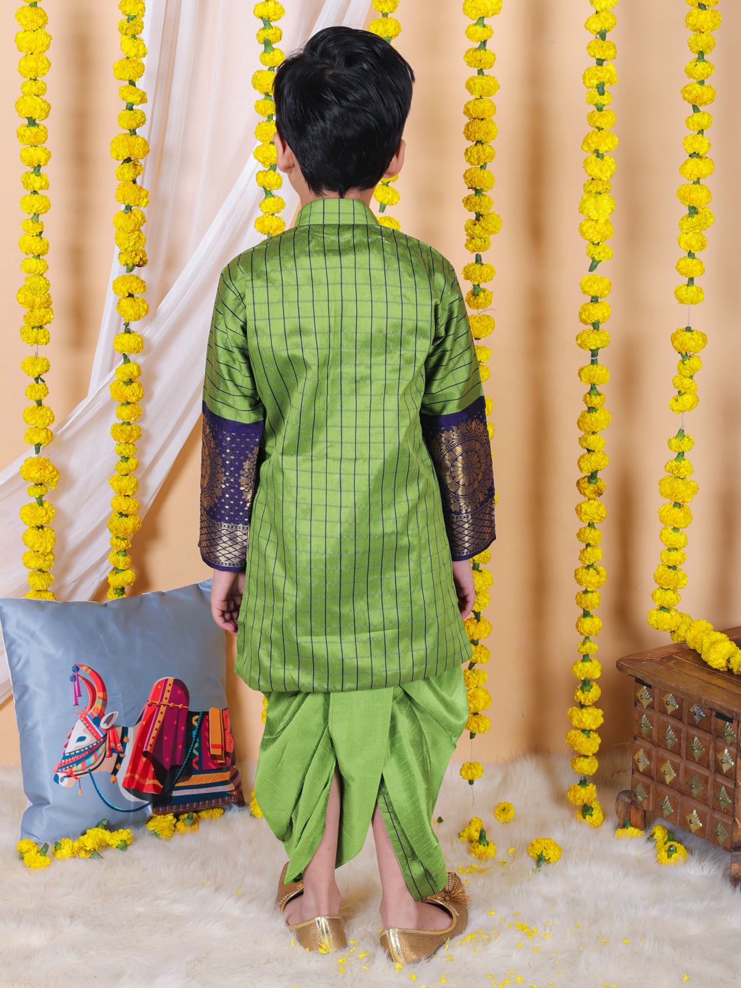 BownBee Sibling Set Full Sleeve Silk Border Dhoti Kurta for Boys- Green with Silk South Indian Party Gown for Girls- Green