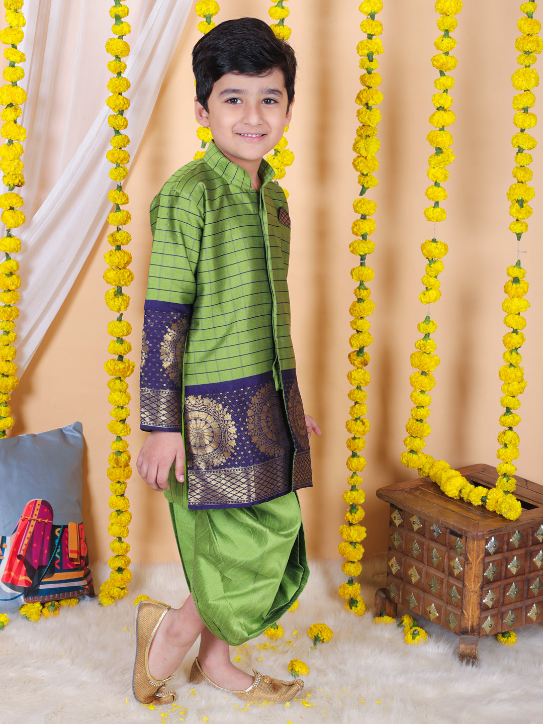 BownBee Sibling Set Full Sleeve Silk Border Dhoti Kurta for Boys- Green with Silk South Indian Party Gown for Girls- Green