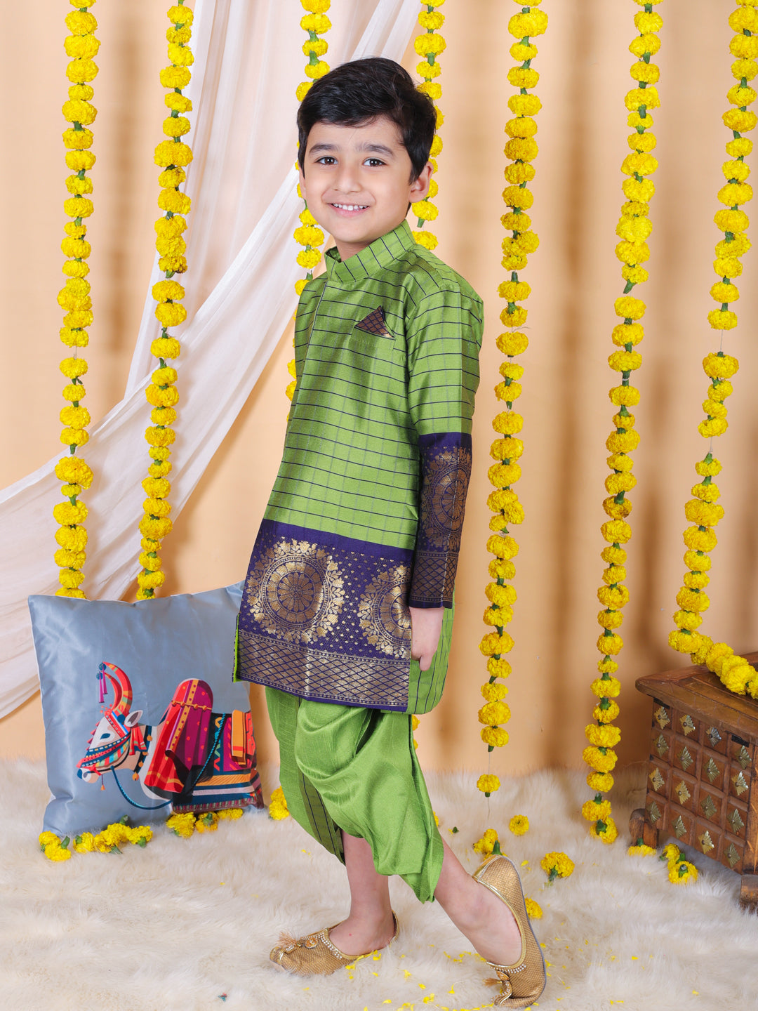 BownBee Sibling Set Full Sleeve Silk Border Dhoti Kurta for Boys- Green with Silk South Indian Party Gown for Girls- Green