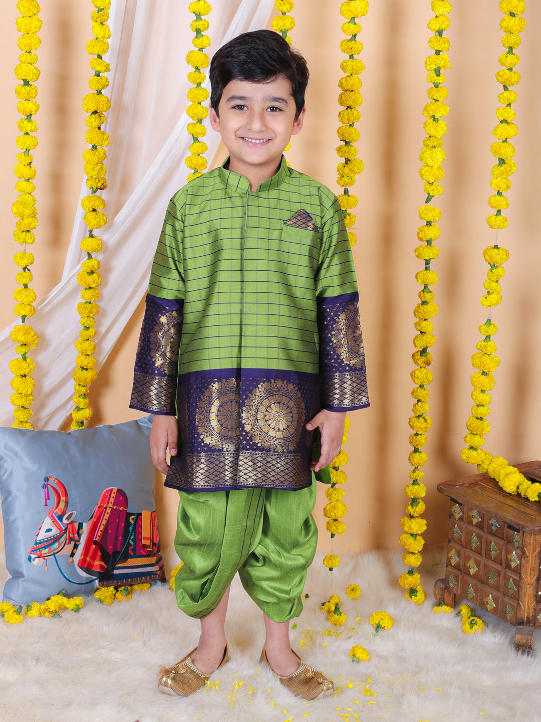 BownBee Sibling Set Full Sleeve Silk Border Dhoti Kurta for Boys- Green with Silk South Indian Party Gown for Girls- Green