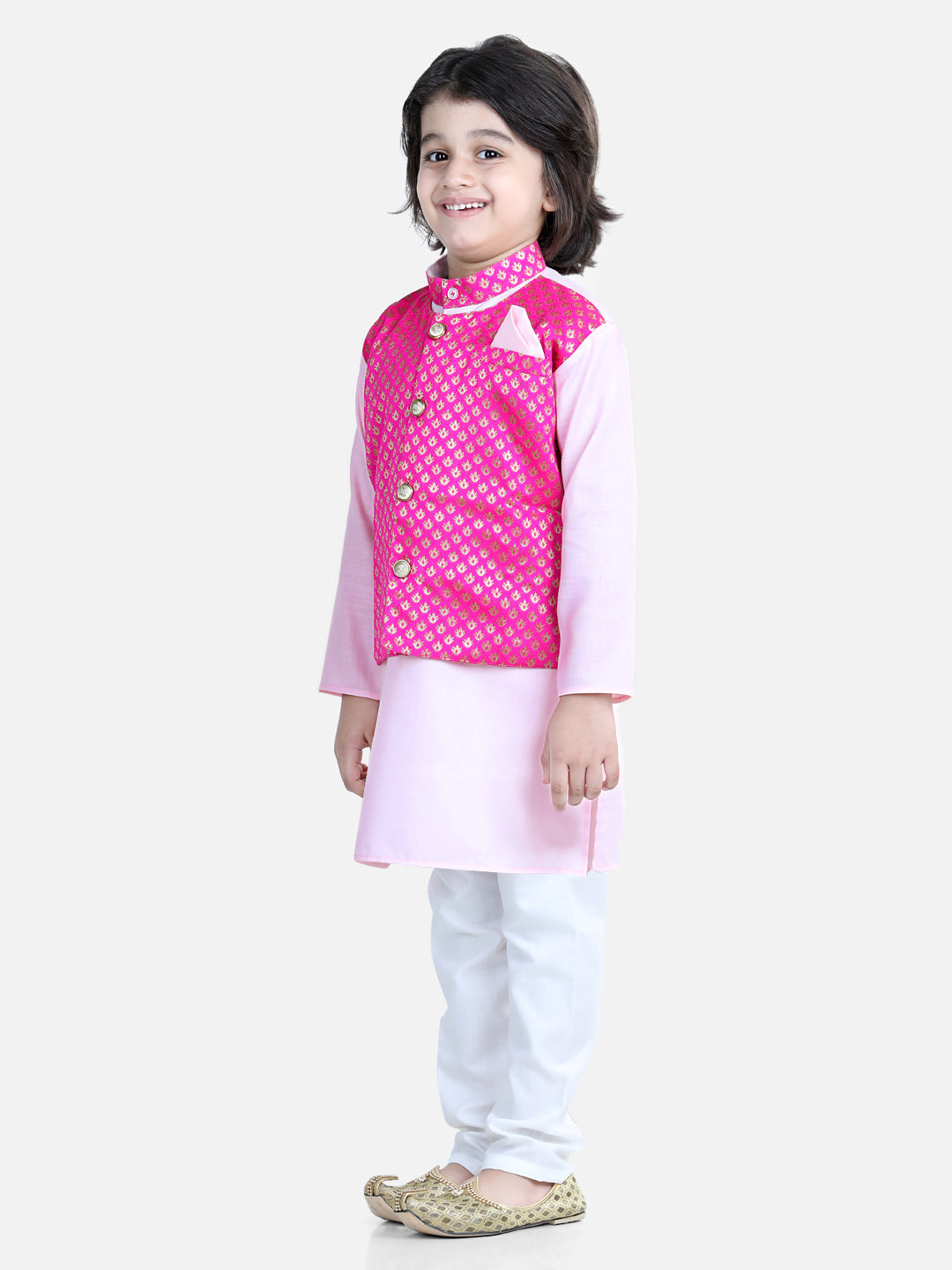 BownBee Attached Jacquard Jacket Kurta Pajama for Boys- Baby Pink