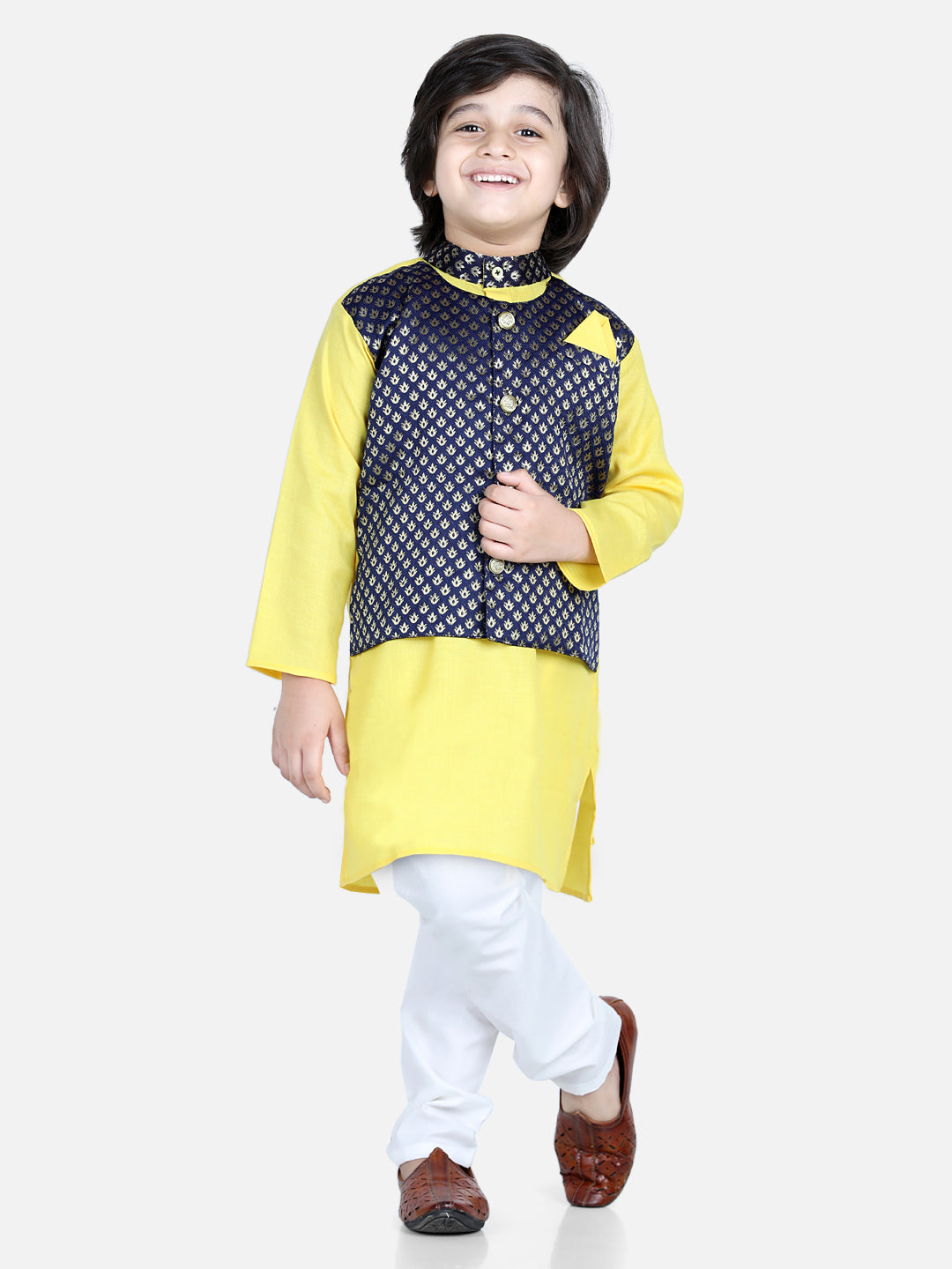 BownBee Attached Jacquard Jacket Kurta Pajama for Boys- Yellow