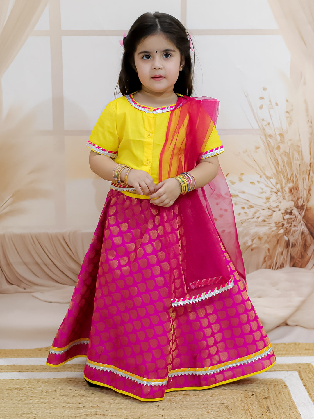 BownBee Sibling Set Cotton Dhoti Kurta with Jacket- Yellow with Front Open Cotton Top with Jacquard Lehenga for Girls- Yellow