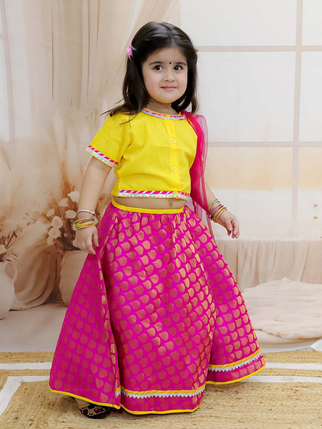 BownBee Sibling Set Cotton Dhoti Kurta with Jacket- Yellow with Front Open Cotton Top with Jacquard Lehenga for Girls- Yellow