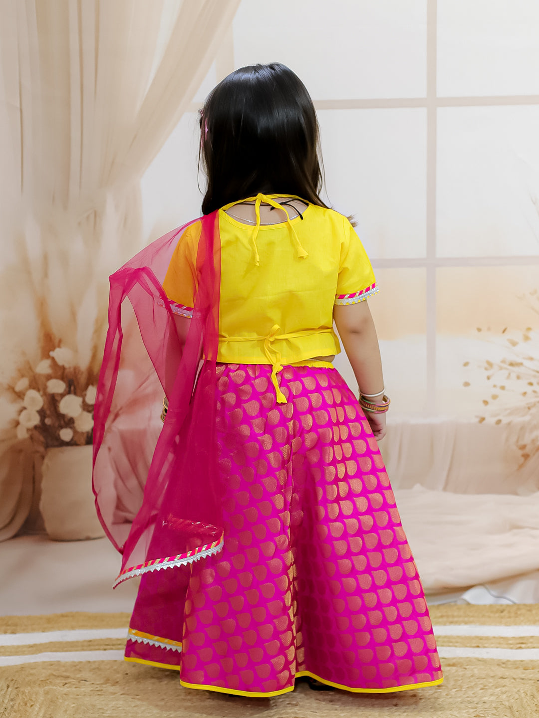 BownBee Sibling Set Cotton Dhoti Kurta with Jacket- Yellow with Front Open Cotton Top with Jacquard Lehenga for Girls- Yellow