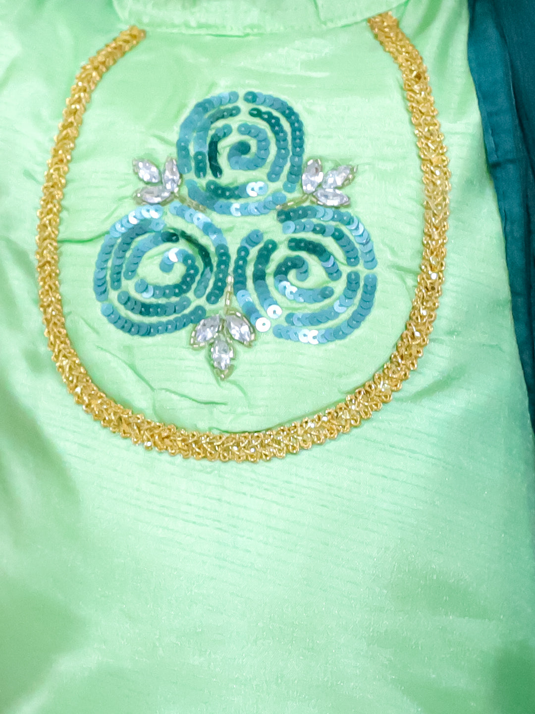 BownBee Hand Embroidered Silk Kurti Salwar with Dupatta for Girls-Green