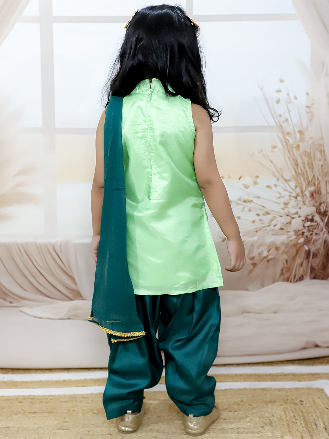 BownBee Hand Embroidered Silk Kurti Salwar with Dupatta for Girls-Green