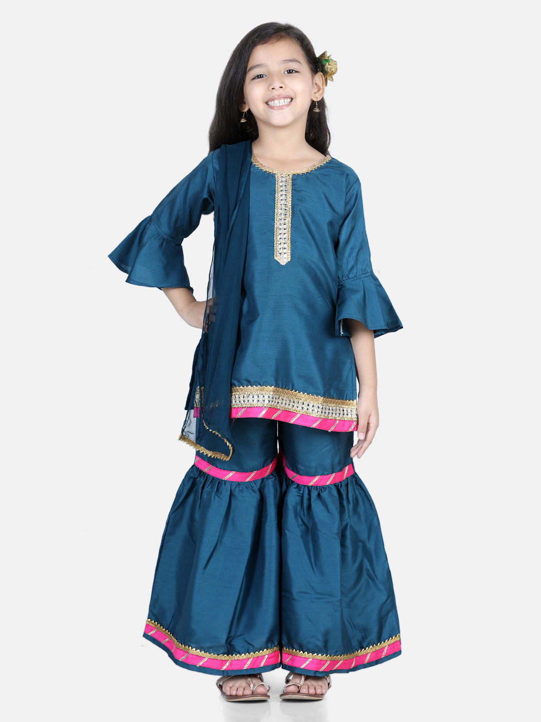 BownBee Bell Sleeve Silk Kurti Sharara Dupatta for Girls- Blue