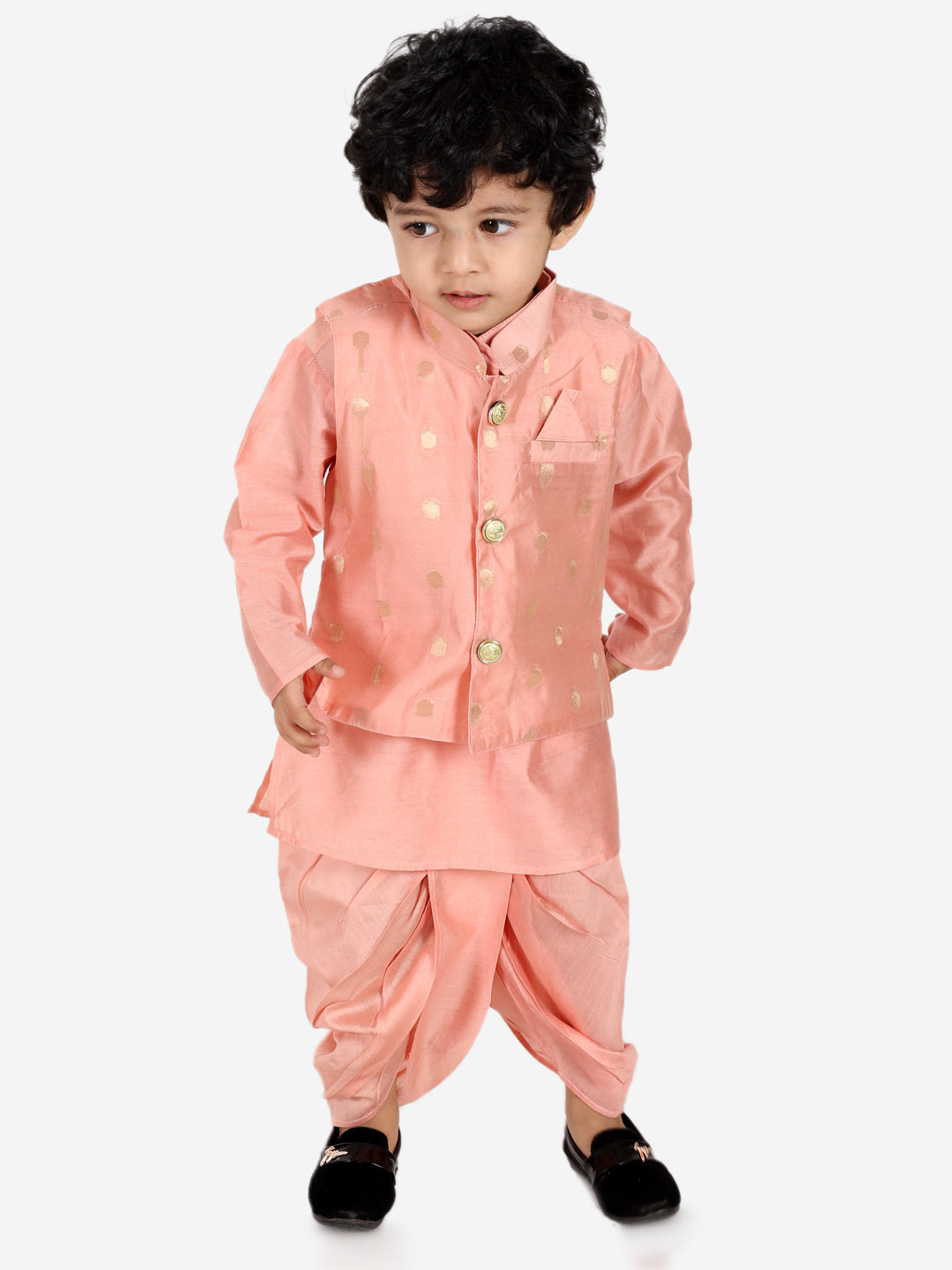 BownBee Sibling Set Chanderi Jacket with Chanderi Dhoti Kurta for Boys- Peach with Chanderi Silk One Shoulder Peplum with Dhoti- Peach