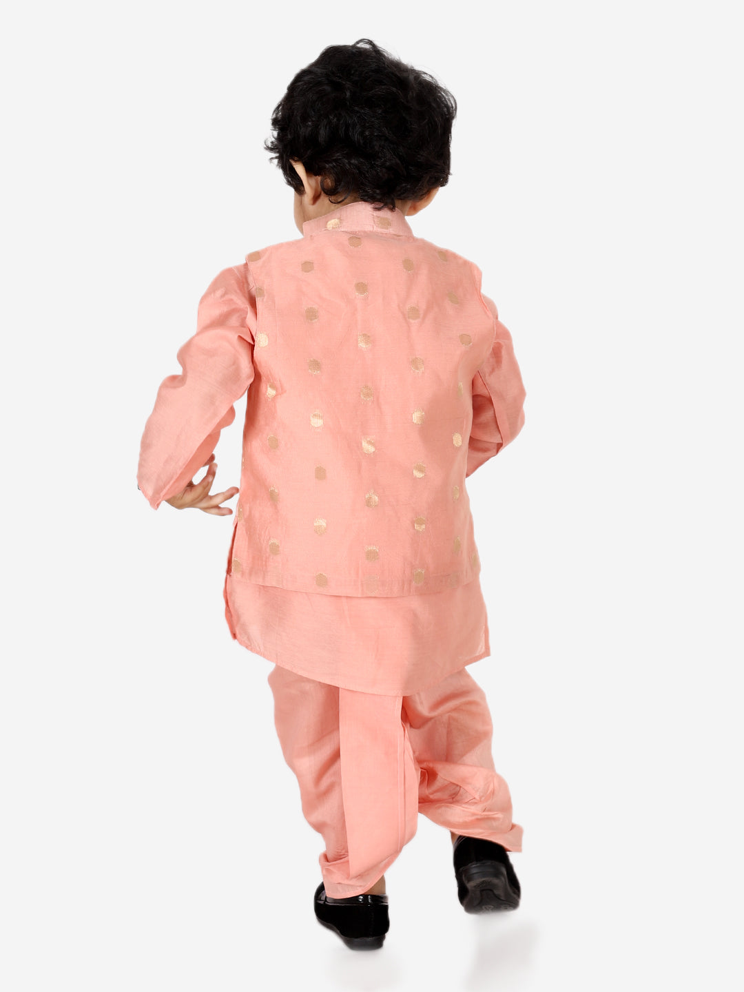 BownBee Sibling Set Chanderi Jacket with Chanderi Dhoti Kurta for Boys- Peach with Chanderi Silk One Shoulder Peplum with Dhoti- Peach