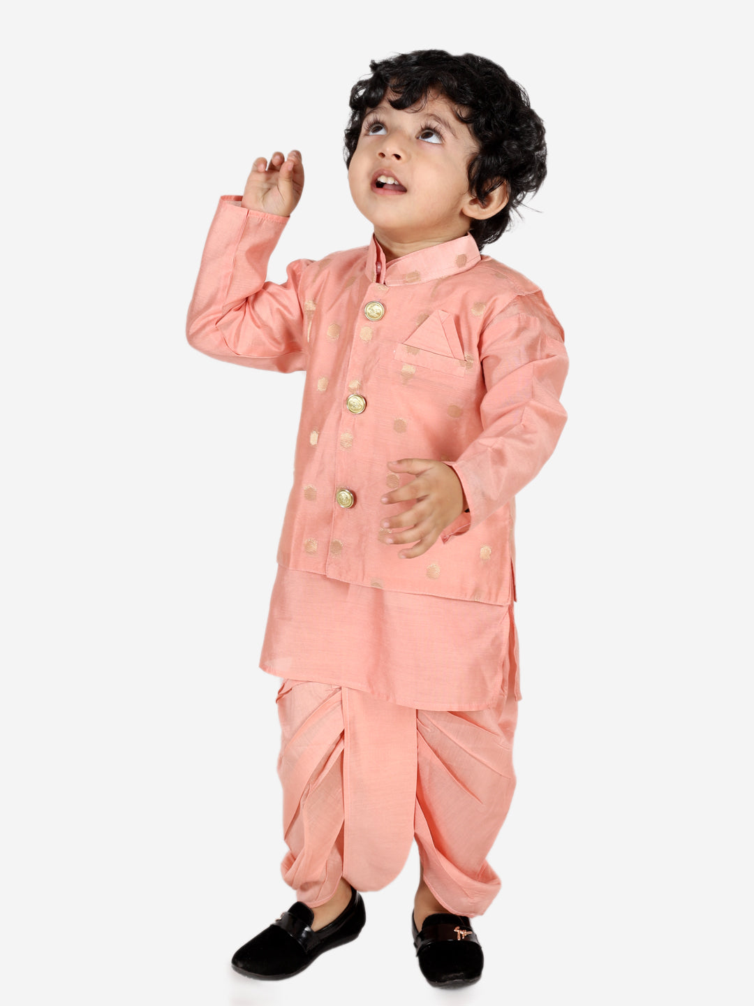 BownBee Sibling Set Chanderi Jacket with Chanderi Dhoti Kurta for Boys- Peach with Chanderi Silk One Shoulder Peplum with Dhoti- Peach