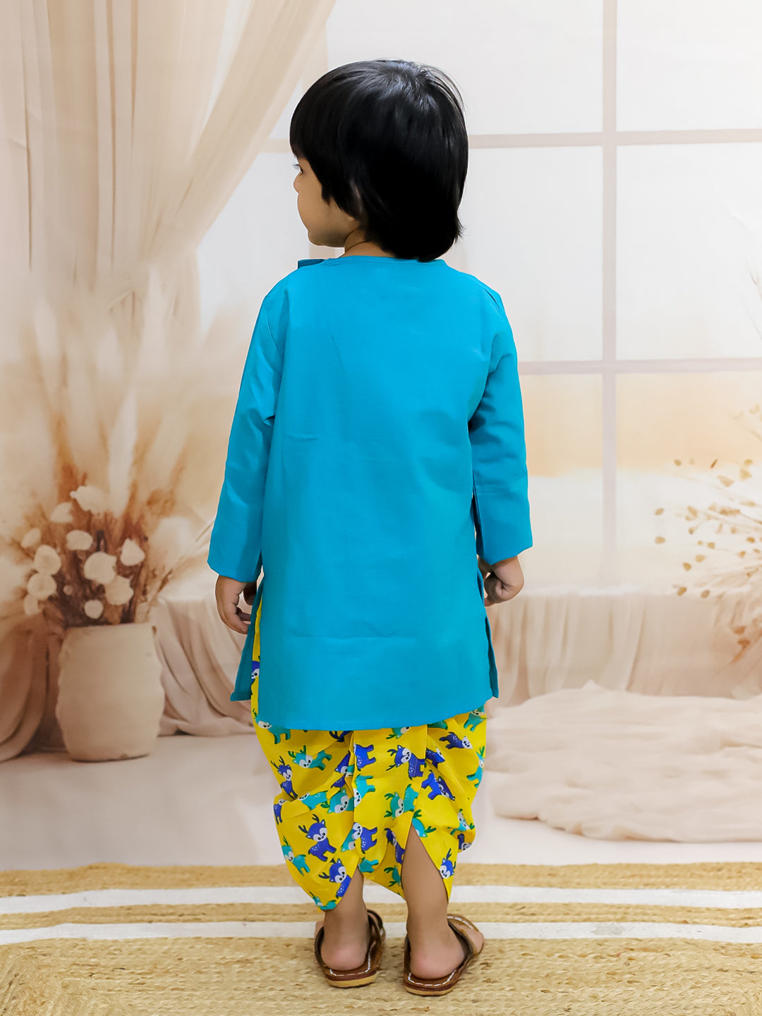 BownBee Embroidered Pure Cotton Kurta with Printed Dhoti for Boys - Green