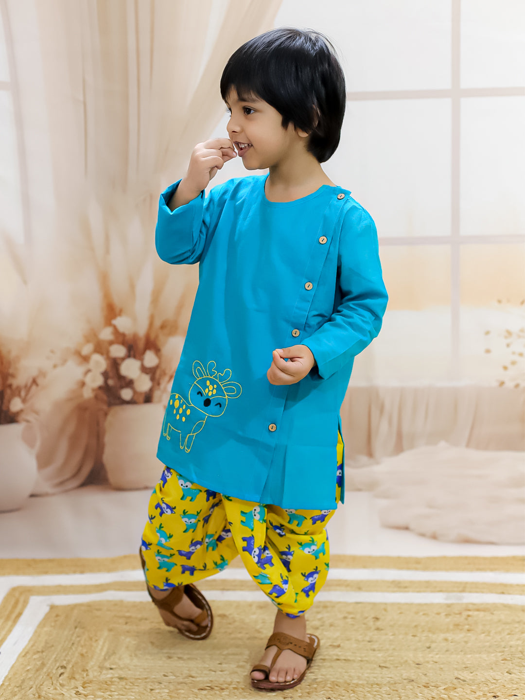 BownBee Embroidered Pure Cotton Kurta with Printed Dhoti for Boys - Green