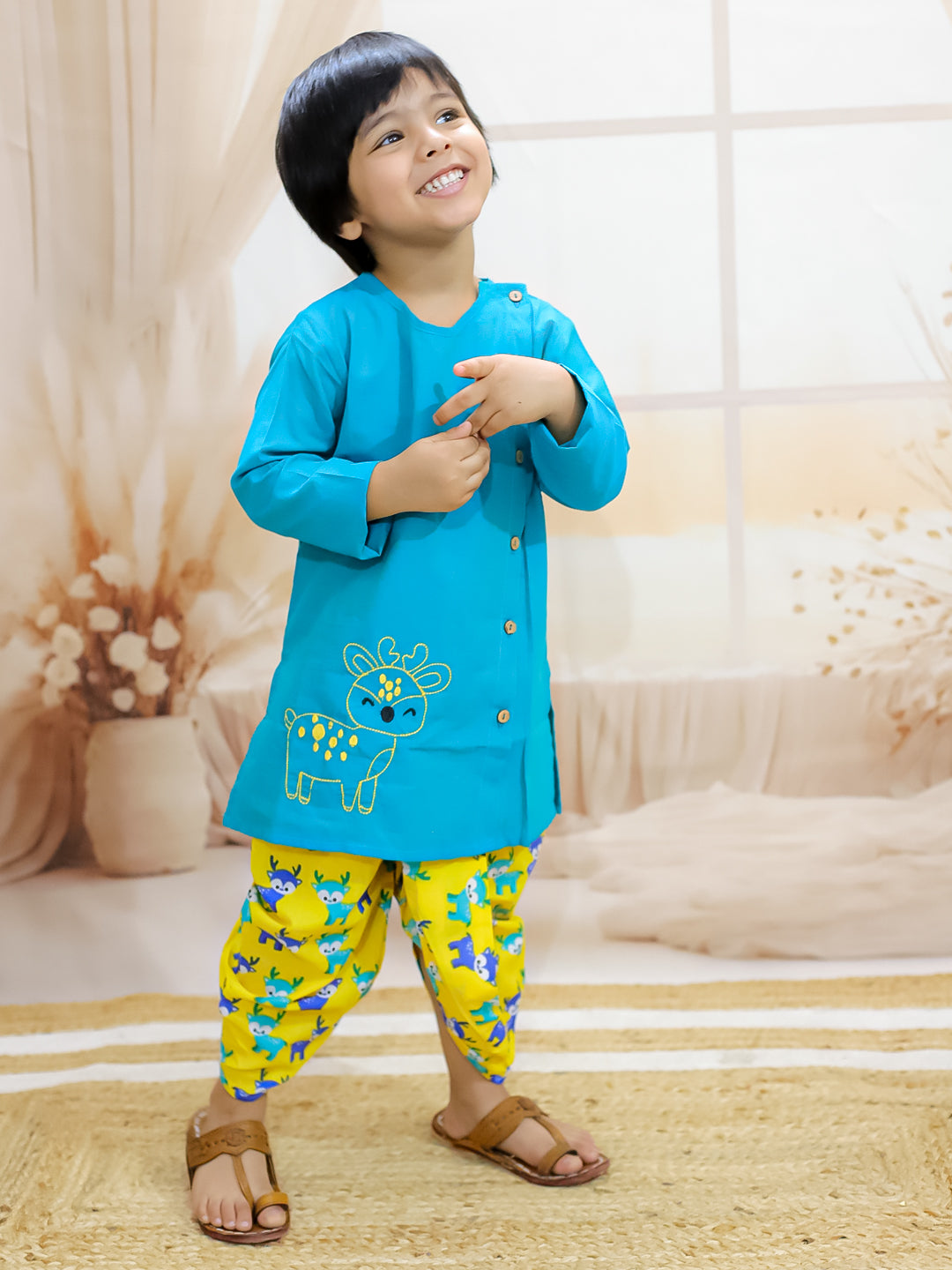 BownBee Embroidered Pure Cotton Kurta with Printed Dhoti for Boys - Green