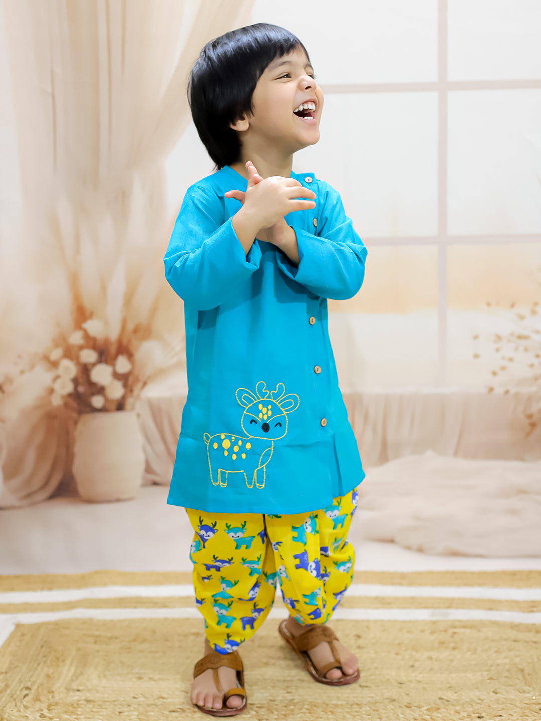 BownBee Embroidered Pure Cotton Kurta with Printed Dhoti for Boys - Green