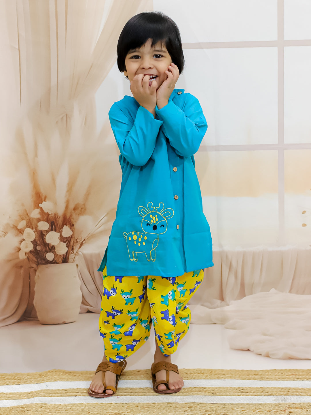 BownBee Embroidered Pure Cotton Kurta with Printed Dhoti for Boys - Green