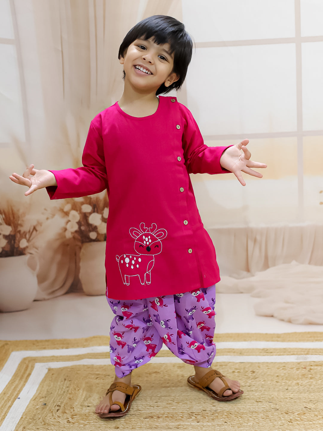 BownBee Embroidered Pure Cotton Kurta with Printed Dhoti for Boys- Pink