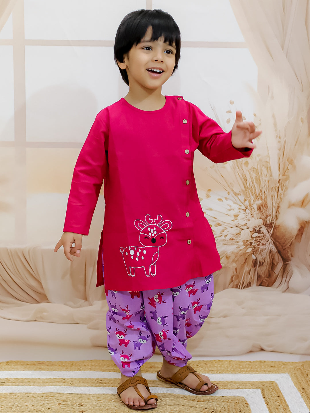 BownBee Embroidered Pure Cotton Kurta with Printed Dhoti for Boys- Pink