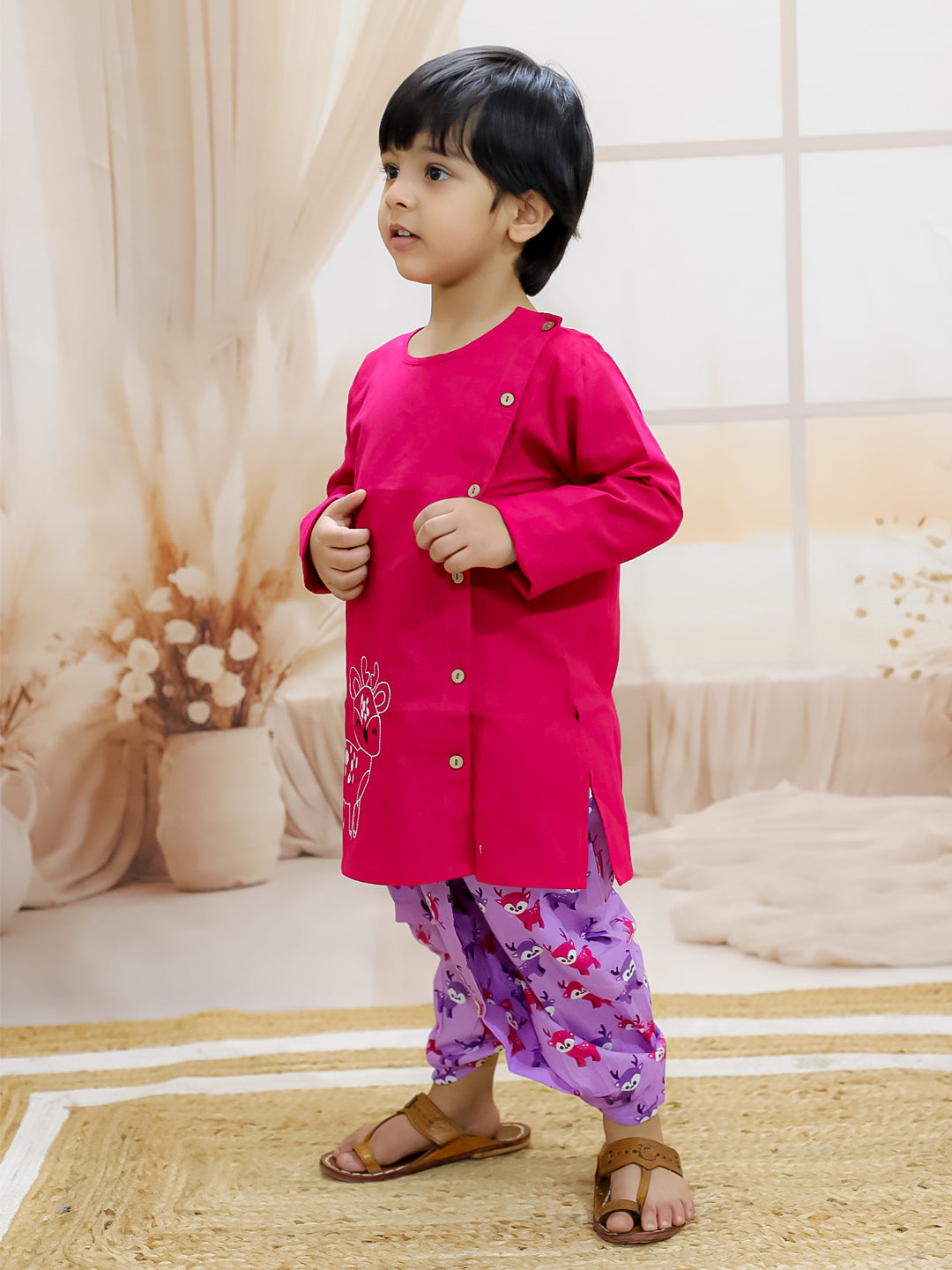 BownBee Embroidered Pure Cotton Kurta with Printed Dhoti for Boys- Pink