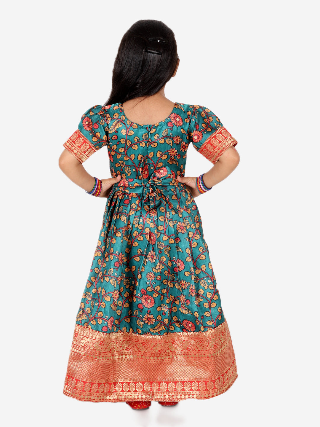 BownBee Kalamkari Print Party Dress Gown for Girls - Green