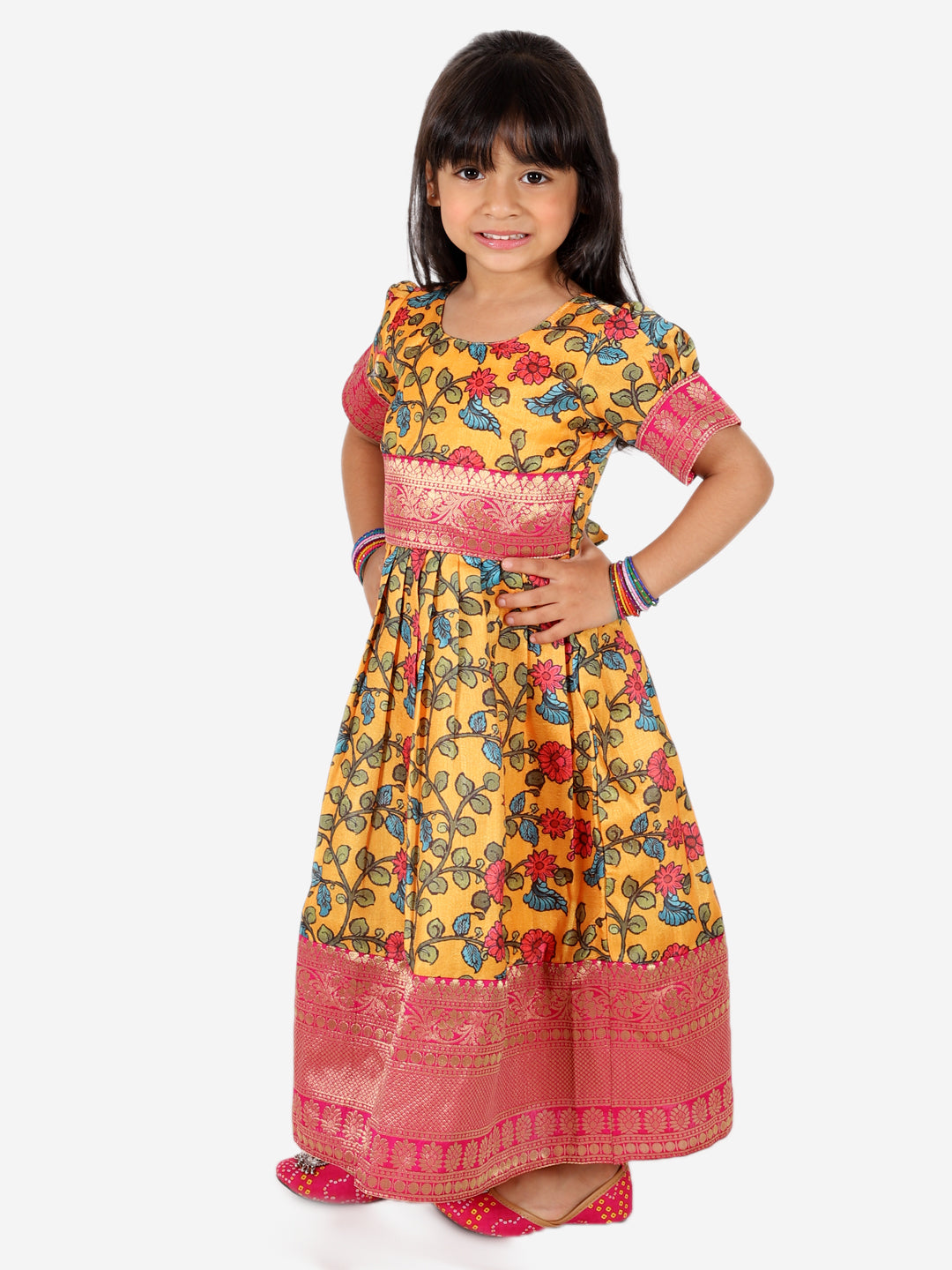 BownBee Sibling Set Kalamkari Print Jacket with Kurta Pajama for Boys- Yellow Kalamkari Print Party Dress Gown for Girls- Yellow