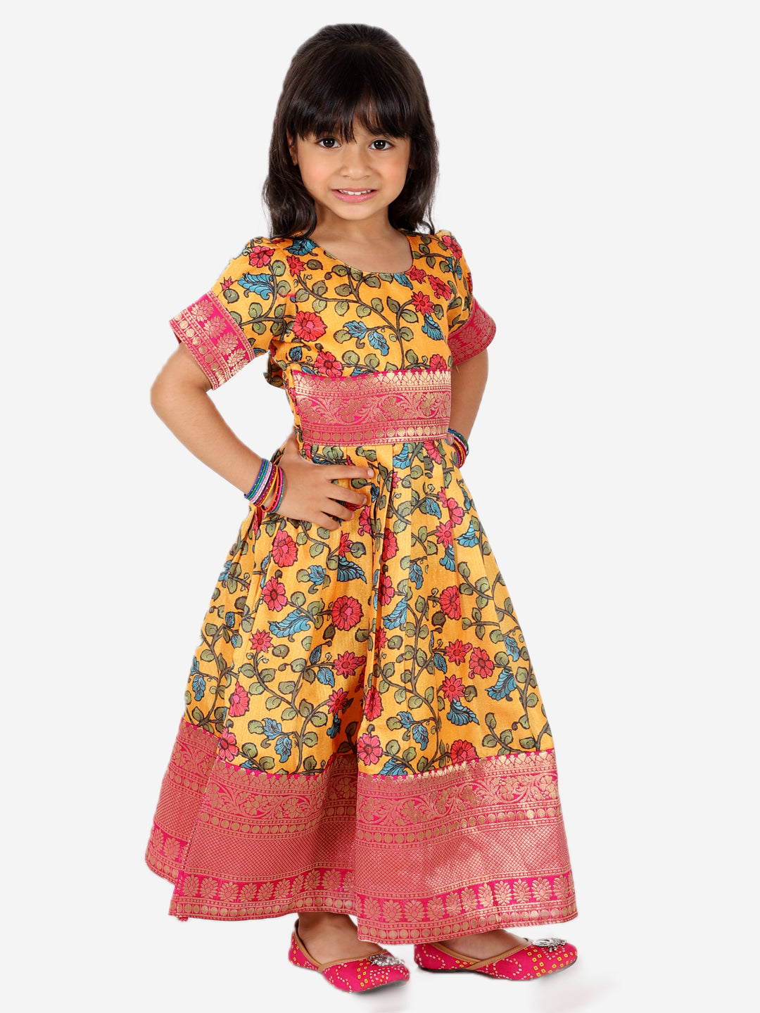 BownBee Sibling Set Kalamkari Print Jacket with Kurta Pajama for Boys- Yellow Kalamkari Print Party Dress Gown for Girls- Yellow