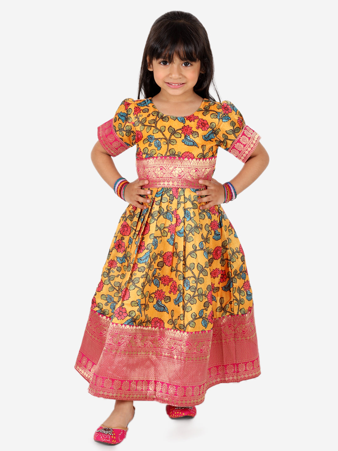 BownBee Kalamkari Print Party Dress Gown for Girls- Yellow